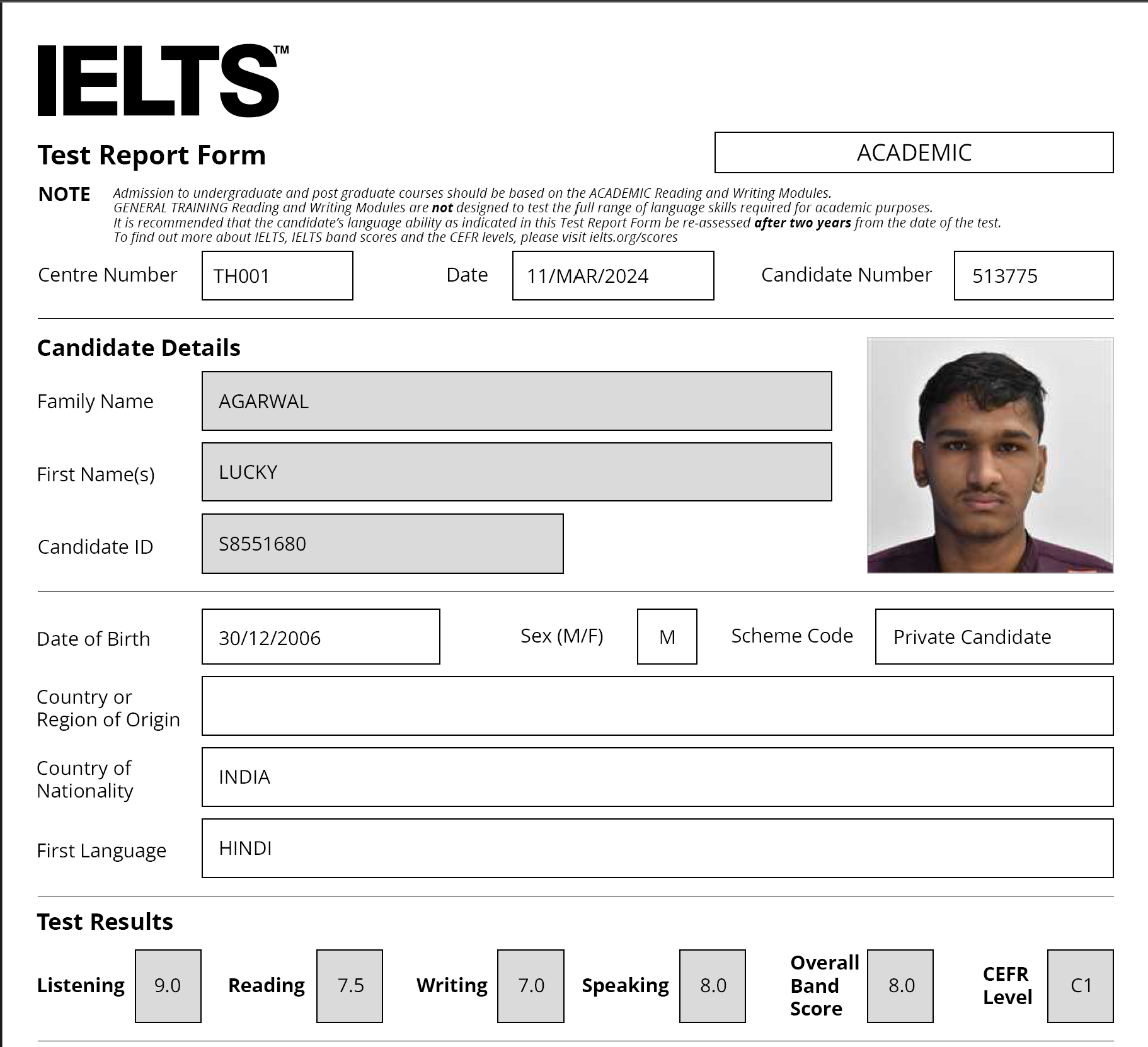 IELTS Academic 8.0 Certificate