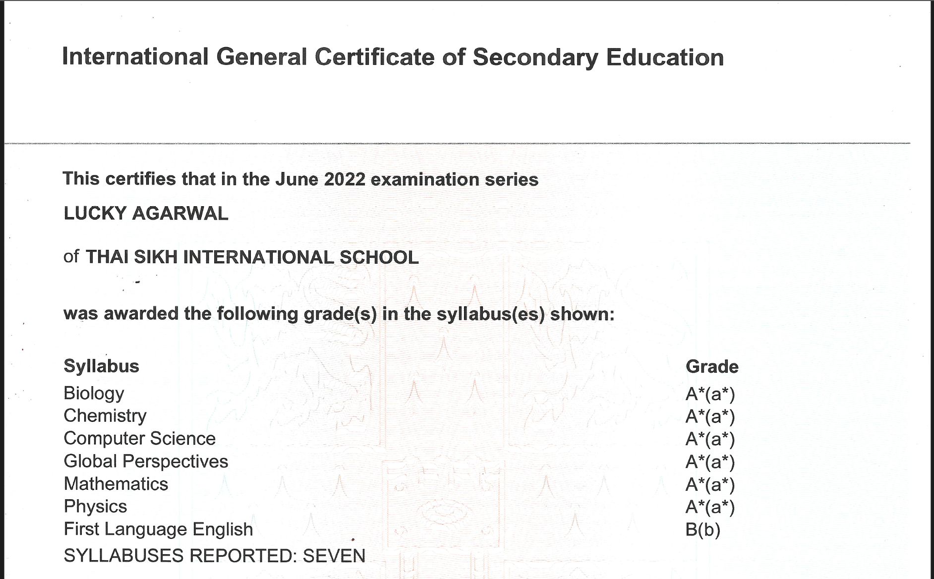 International General Certificate of Secondary Education (IGCSE) Certificate