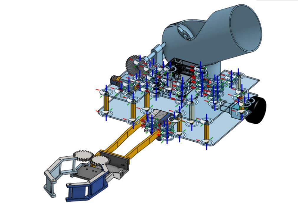 Manual ball shooter CAD assembly showing barrel, gear track, chassis, and extended claw