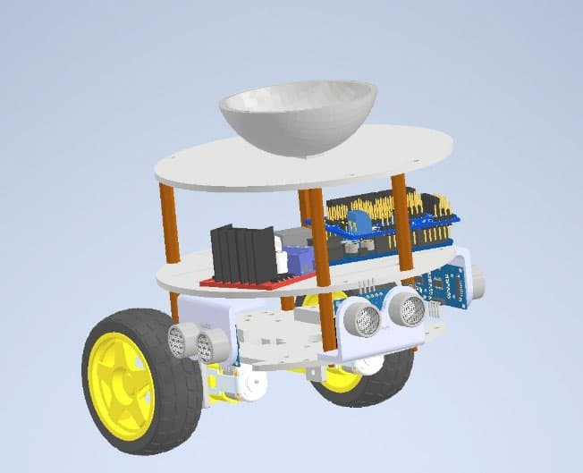 Maze robot CAD assembly with ball holder, Arduino electronics, wheels, and ultrasonic sensors