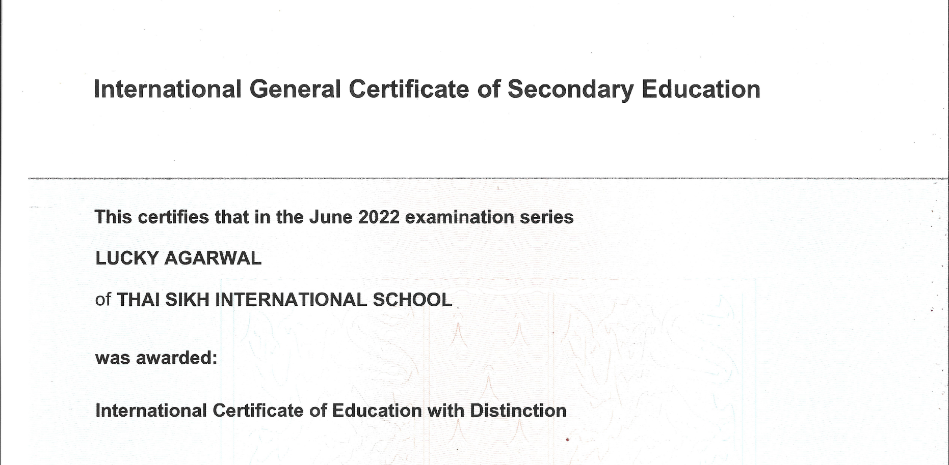 International Certificate of Education with Distinction Certificate