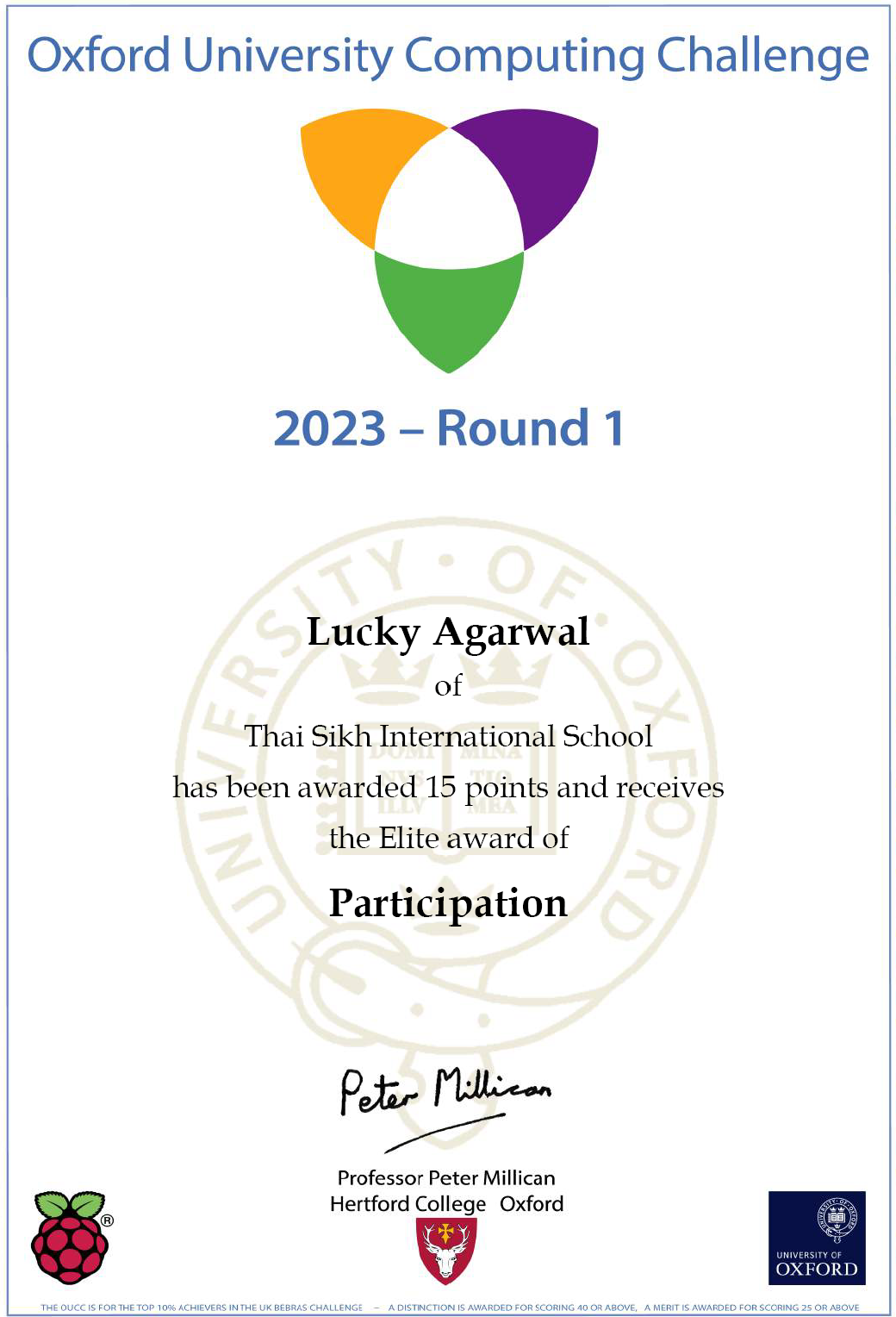 Oxford University Computing Challenge Certificate